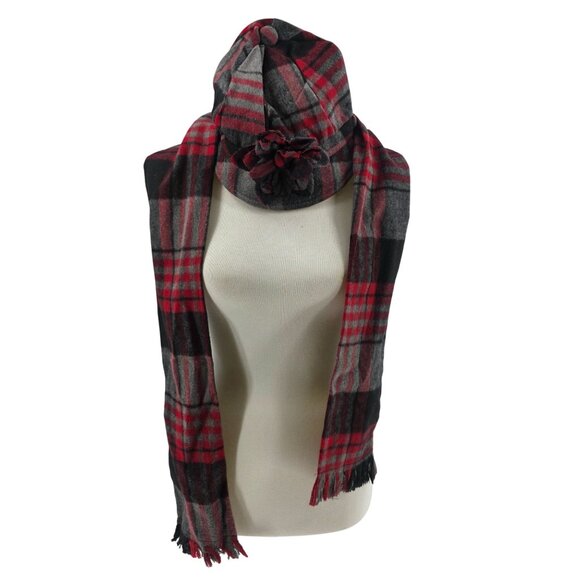Red & Gray Plaid Hat & Scarf Set With Flower Accent - Picture 1 of 10